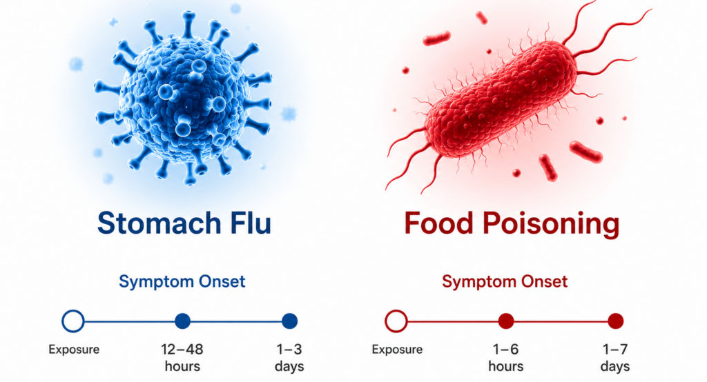 stomach flu vs food poisoning timeline and cause comparison illustration