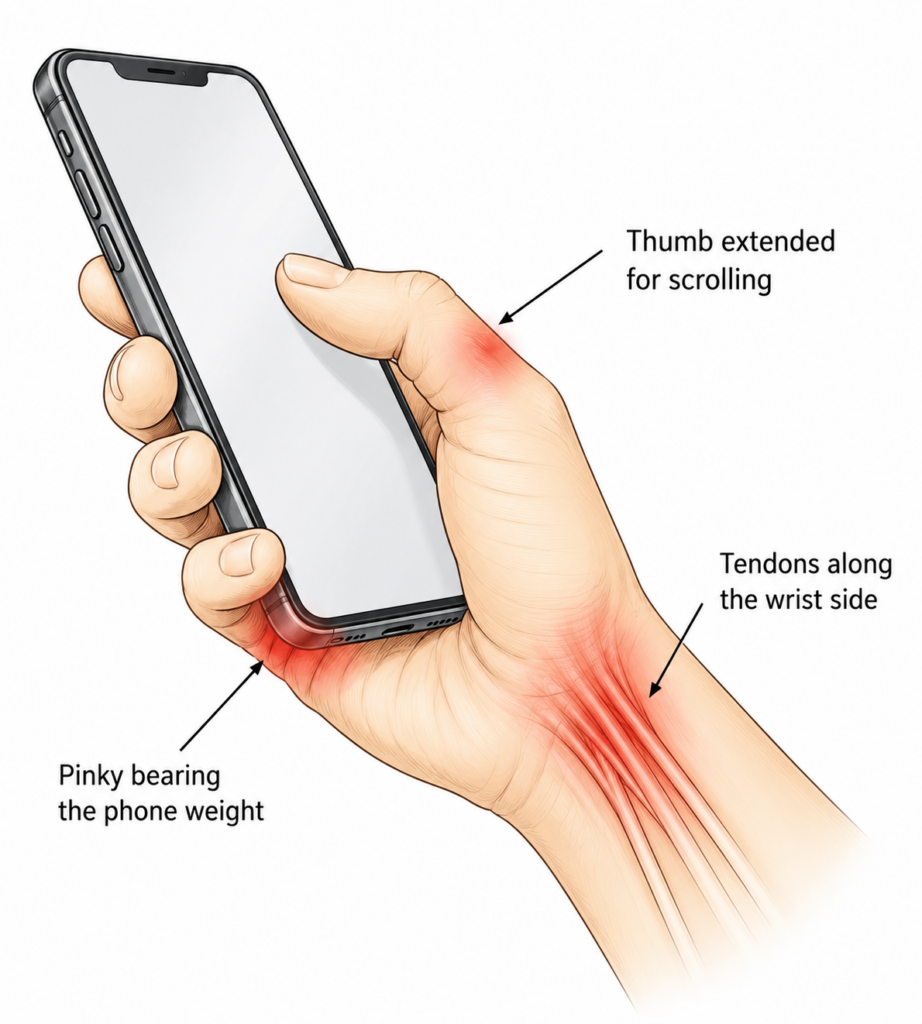 hand grip illustration showing stress points on pinky thumb and wrist tendons from holding phone