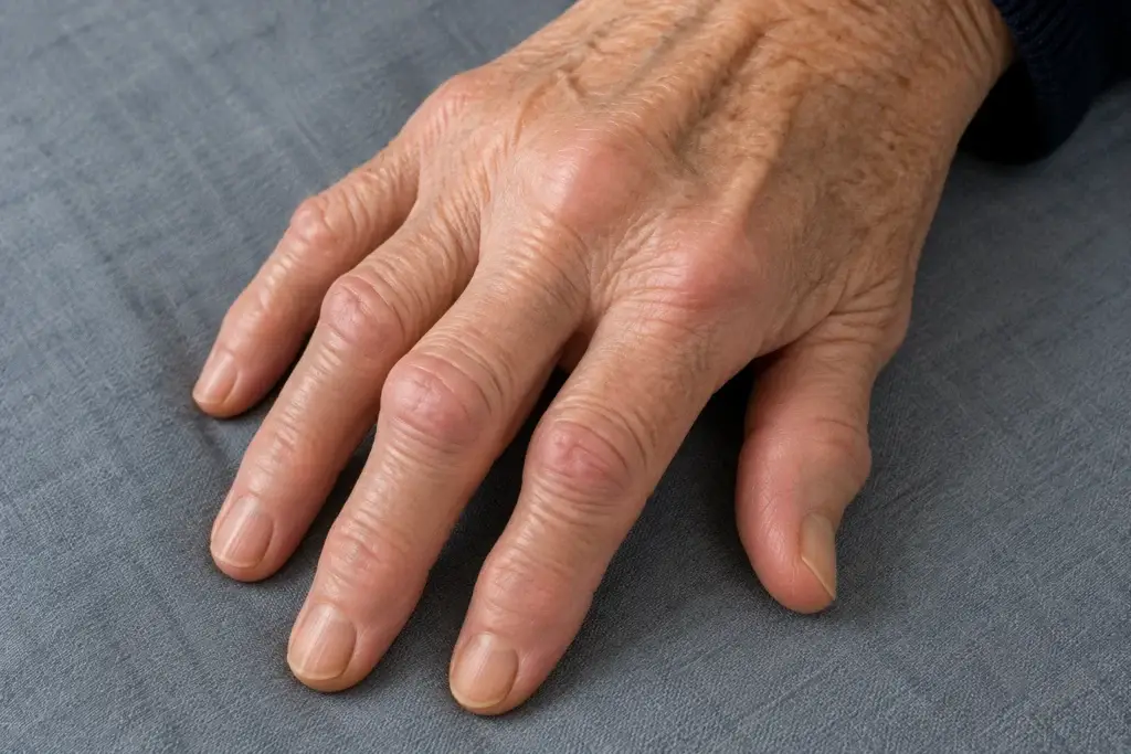 swollen knuckles from arthritis in an adult hand