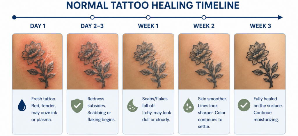 tattoo healing timeline showing healthy tattoo