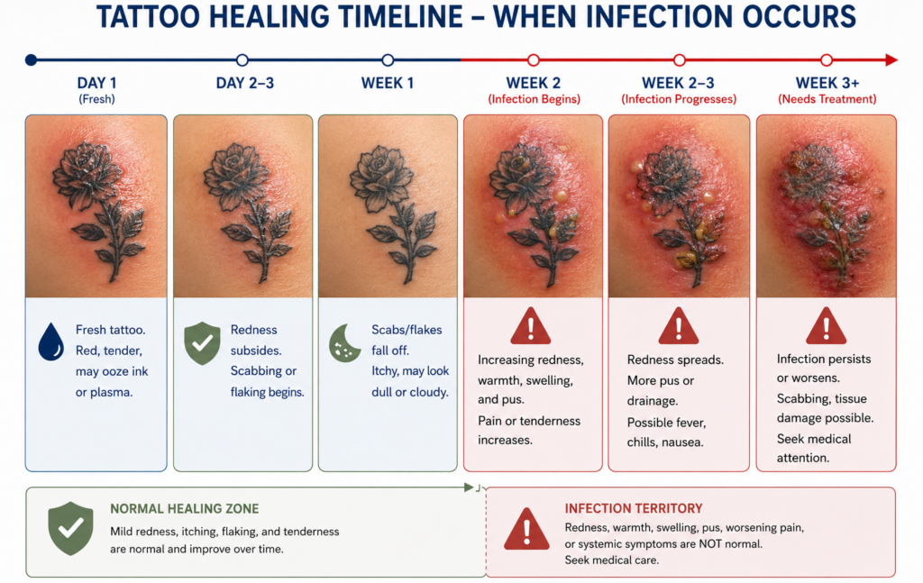 tattoo healing timeline showing when infected tattoo symptoms develop