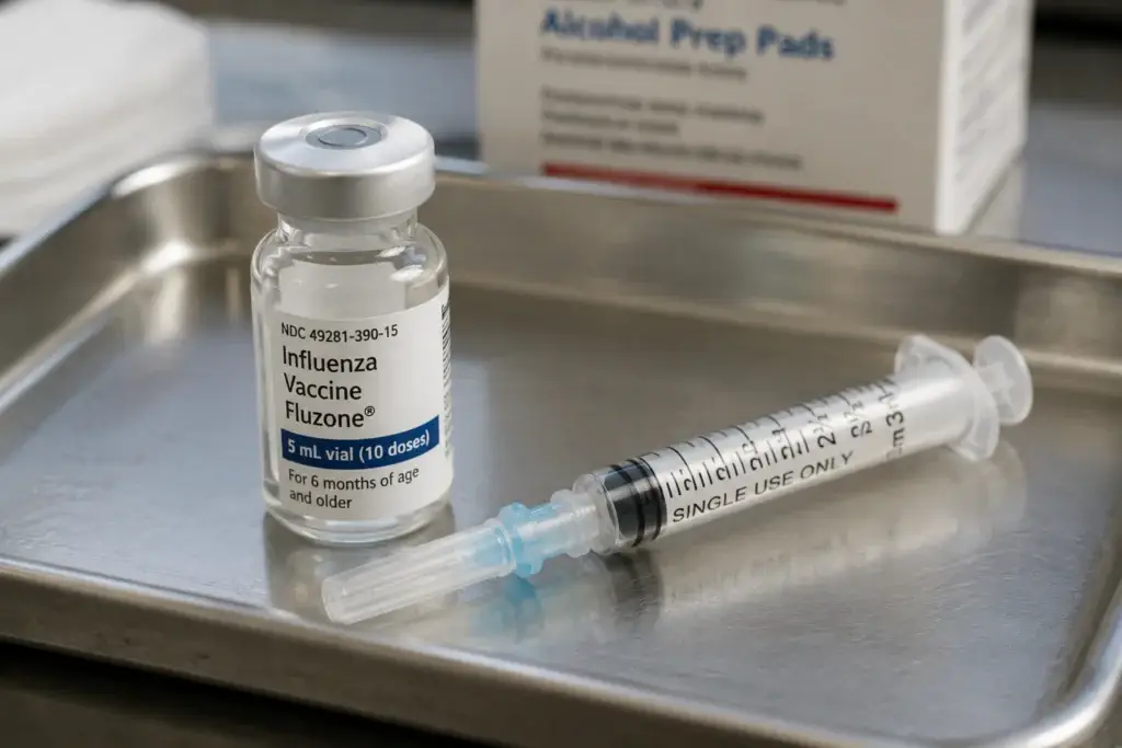 tetanus vaccine vial and syringe on a tray