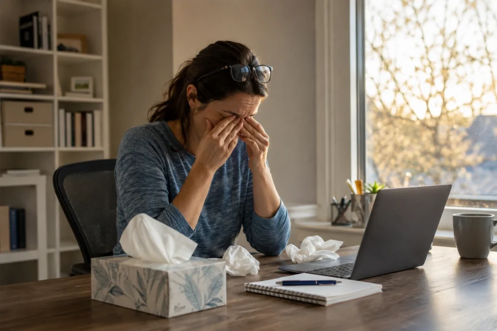 tired woman rubbing her eyes from allergy fatigue