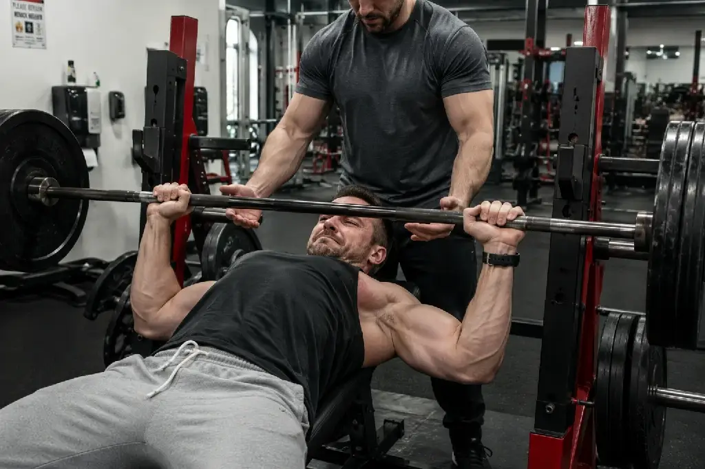 weightlifter at risk of a pectoral muscle pull during a bench press.