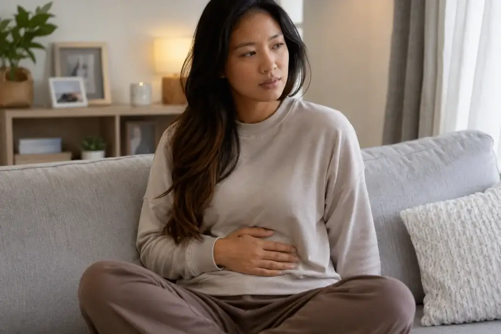 woman experiencing mild implantation bleeding symptoms in early pregnancy