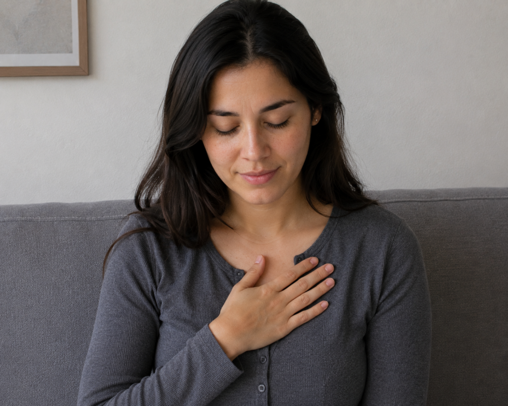 woman noticing breast tenderness as an early pregnancy symptom