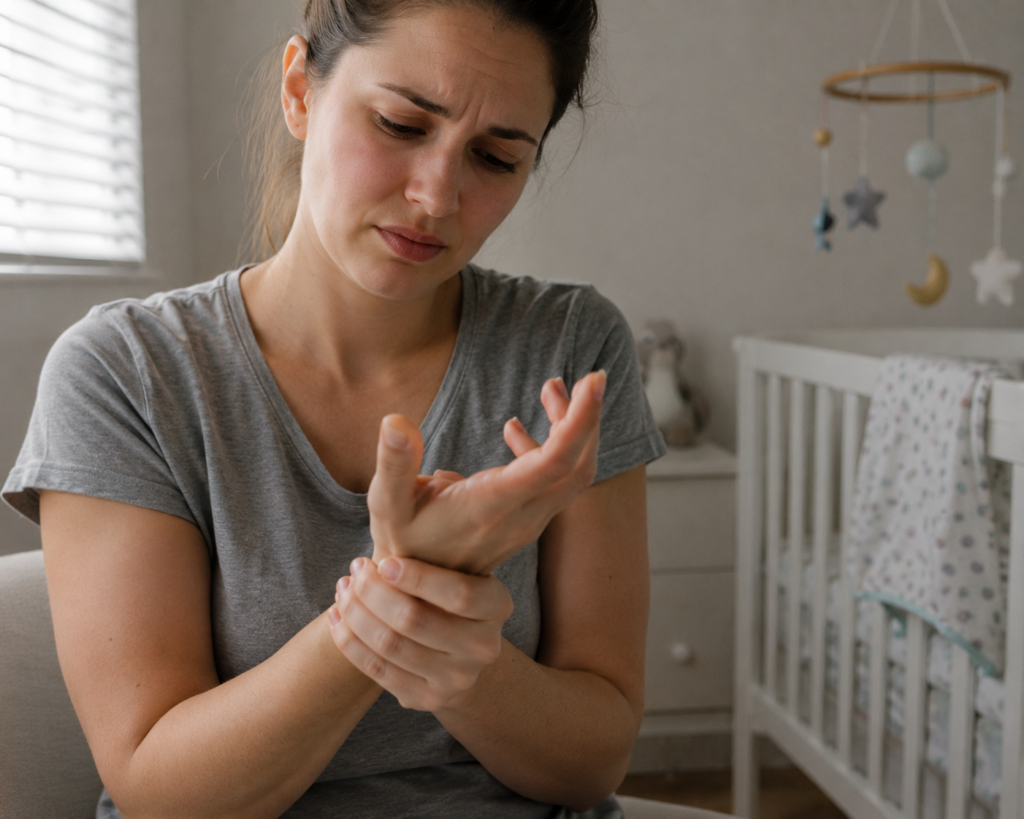 woman showing mothers thumb symptoms by holding her sore wrist