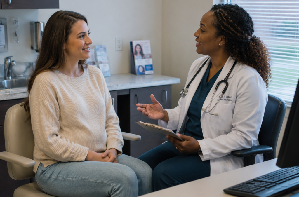 woman talking with her doctor about early pregnancy symptoms