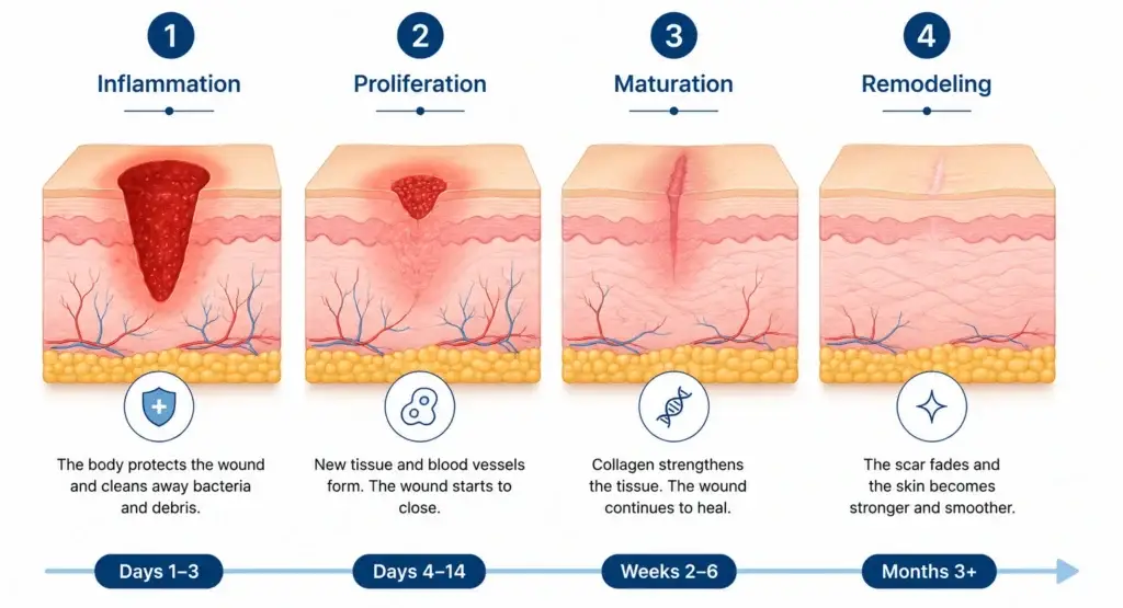 wound care healing stages from fresh injury to faded scar