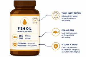 Annotated supplement label showing what to check when buying cod liver oil or fish oil