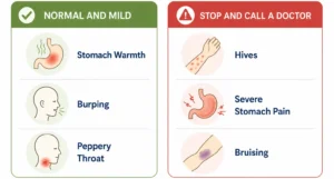 Chart comparing normal black seed oil side effects to warning signs that need medical care
