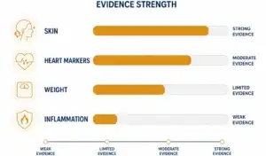 Chart showing strength of evidence for black seed oil benefits on skin, heart, weight, and inflammation