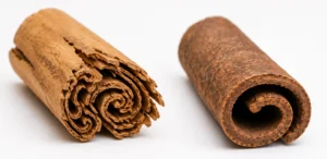 Close up comparison of Ceylon cinnamon layered stick and cassia cinnamon solid stick