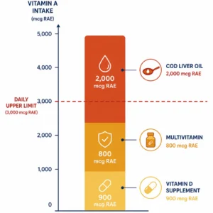 Diagram showing vitamin A adding up from cod liver oil, a multivitamin, and other supplements past the safe limit