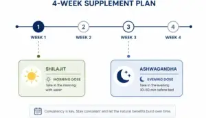 Timeline showing how to introduce shilajit and ashwagandha two weeks apart