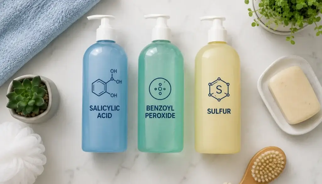body wash bottles with salicylic acid benzoyl peroxide and sulfur for treating body acne
