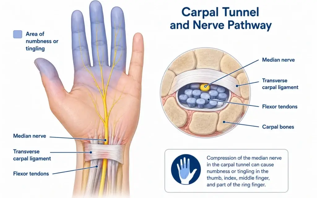 carpal tunnel median nerve diagram for numb arms while sleeping