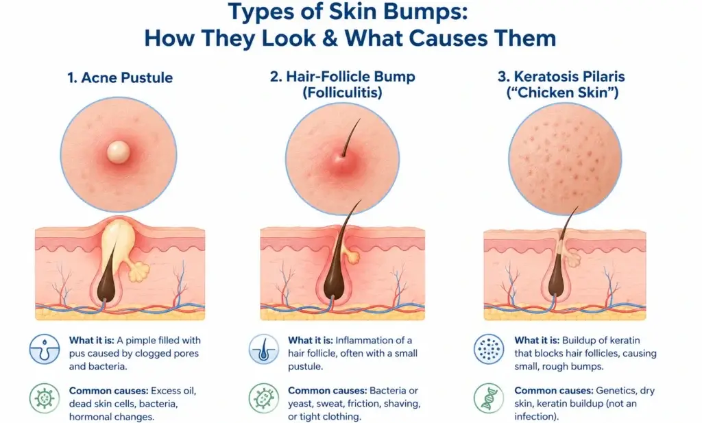 comparison of body acne pimples versus folliculitis and keratosis pilaris bumps on skin
