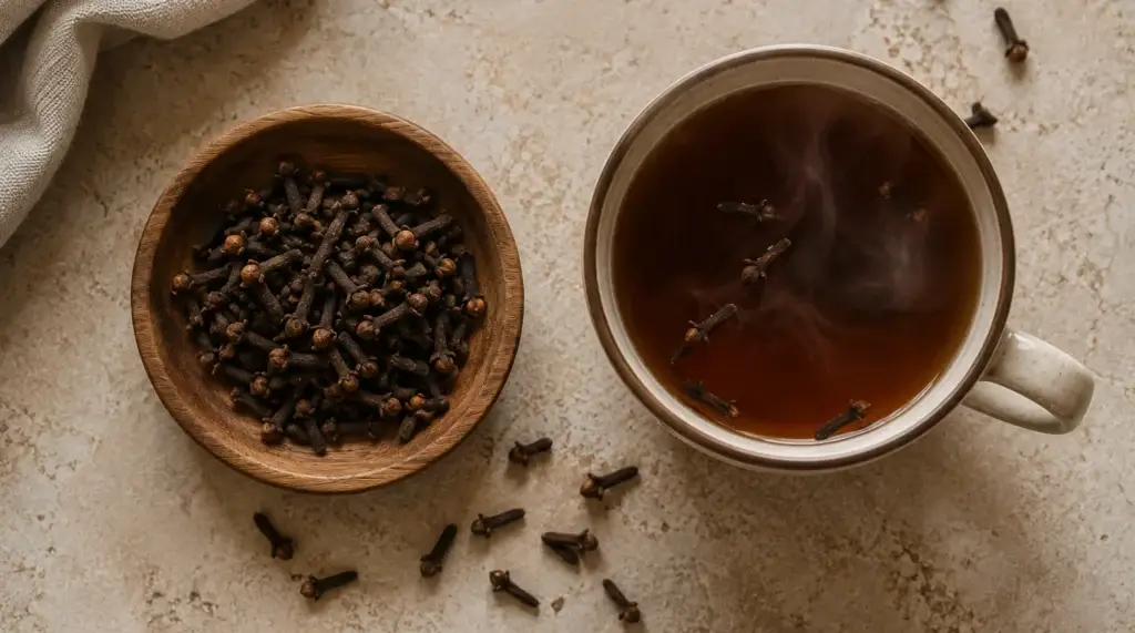 health benefits of clove shown with whole cloves and clove tea