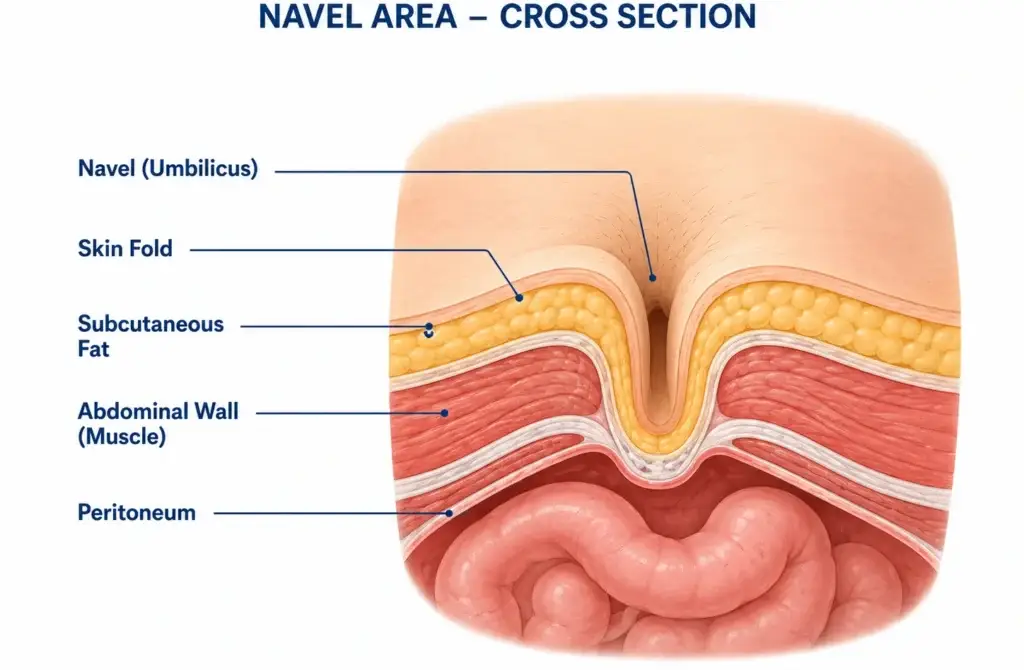 illustration showing causes of pain inside the belly button