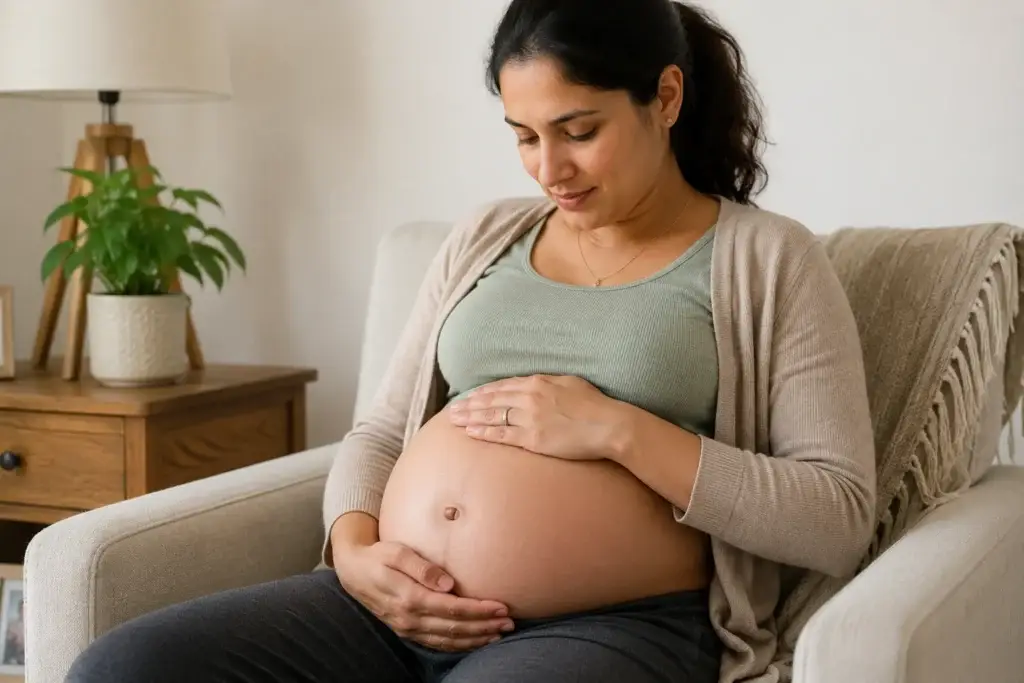 pregnant woman with pain inside the belly button area