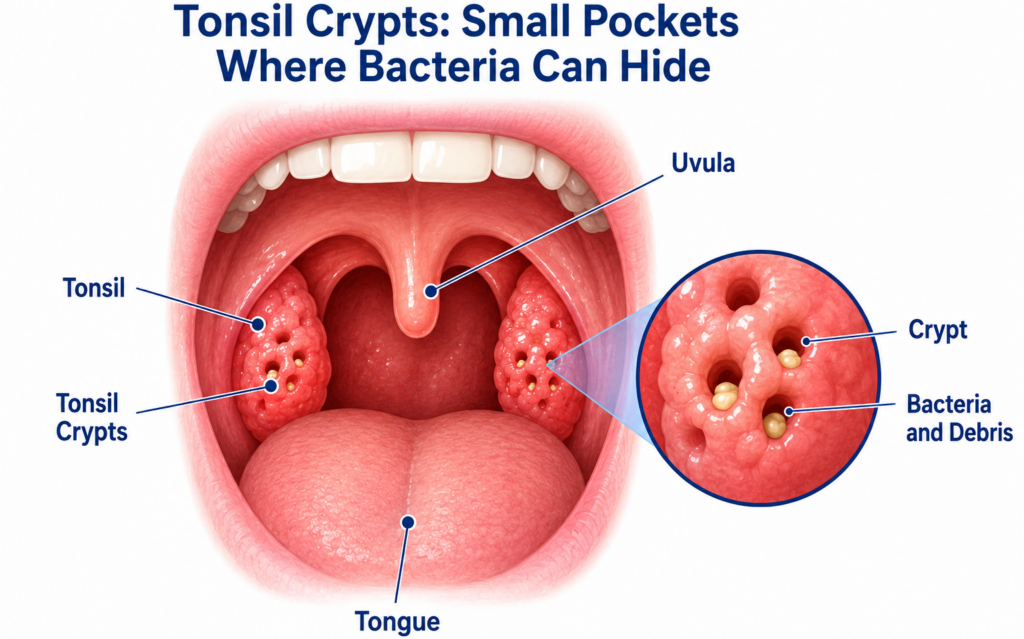 tonsil crypts and bacteria hiding spots strep throat